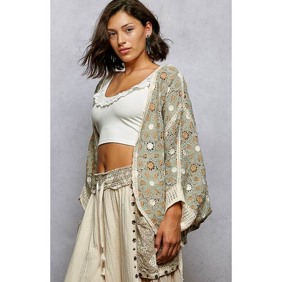 POL Tops - Pol Daisy Crochet Floral Dolman Sleeve Cardigan Top